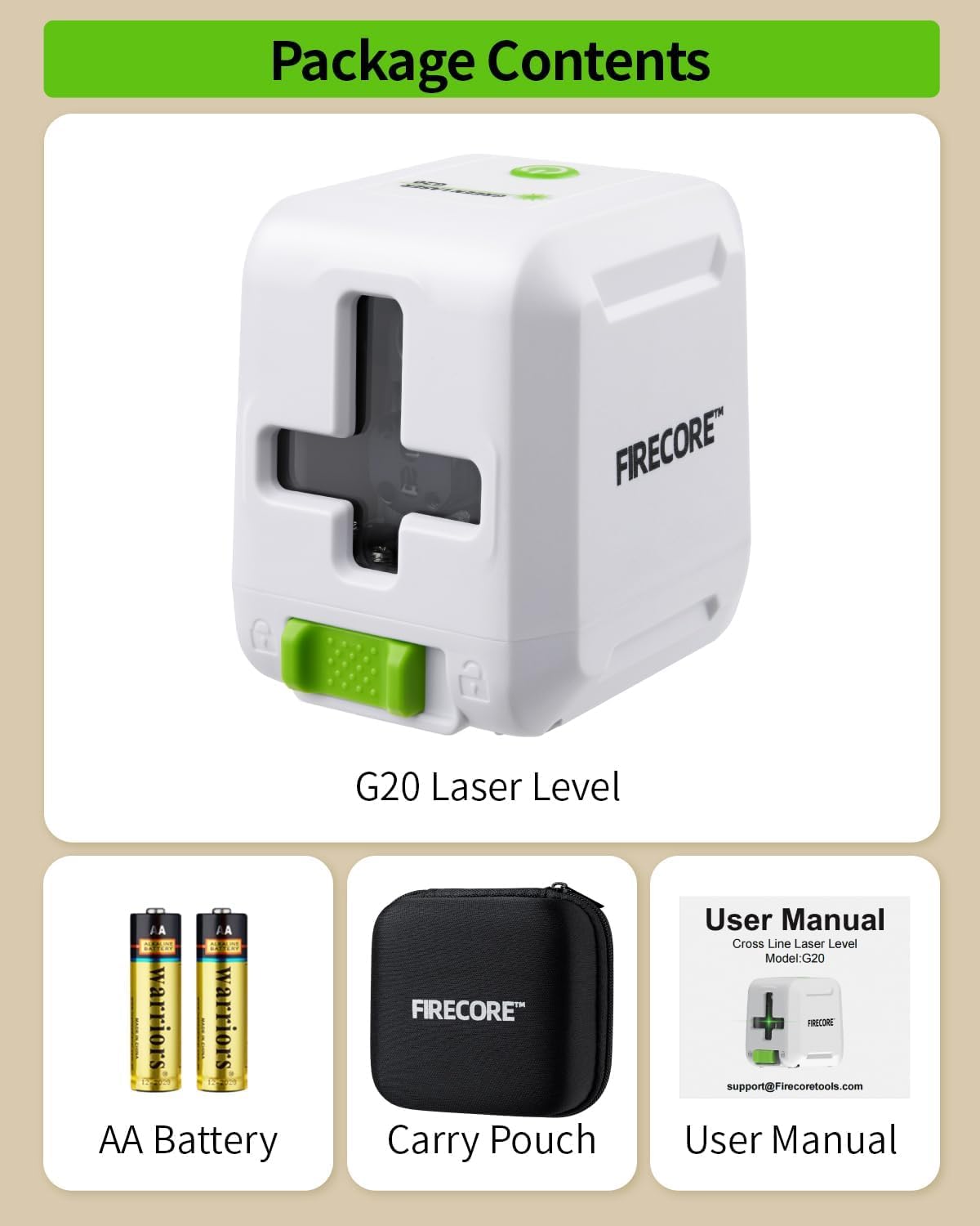Firecore Cross Line Laser Level Self Leveling, DIY Indoor Green Beam Lazer Leveler Tool with IP54 Rating, Niveau Laser for Hanging Pictures Wall Painting Cabinet Shelves Light Installation