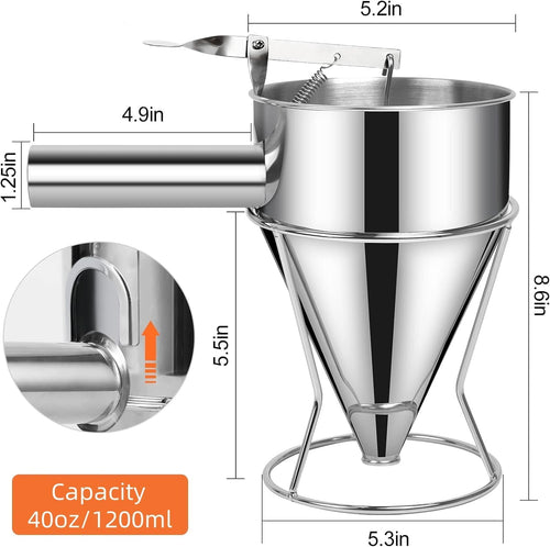 40 OZ Multi-Functional Pancake Batter Dispenser, Multi-Caliber Stainless Steel Funnel Cake Dispenser with Stand Great for Pancakes,Cupcakes,Chocolate Balls and Baked Goods (1200ml)