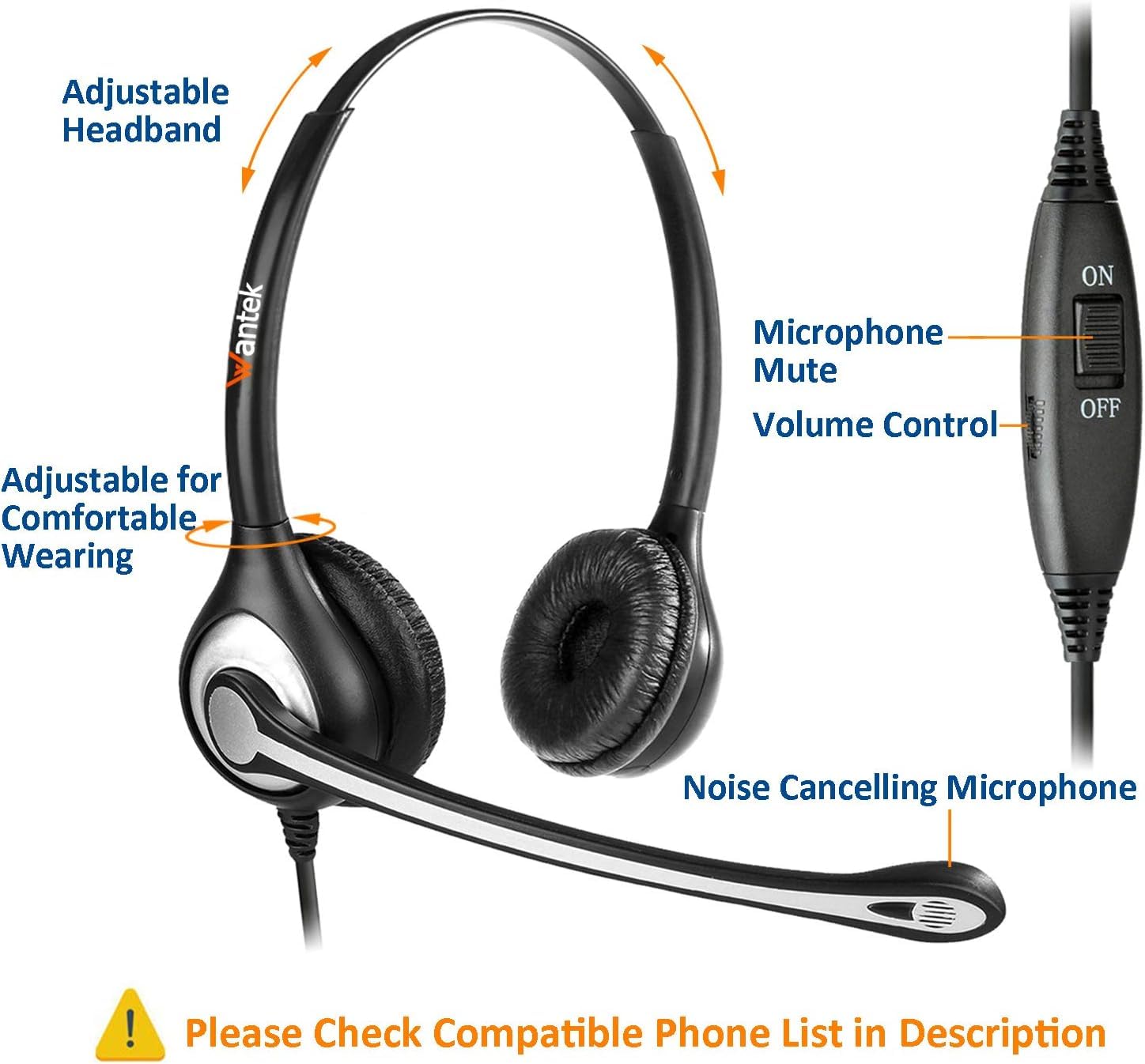 Wantek Corded Telephone Headset Mono with Noise Canceling Mic for ShoreTel Plantronics Polycom Zultys Toshiba NEC Dterm Nortel Norstar Meridian Siemens ROLM Packet8 Landline Deskphones (F600S2)