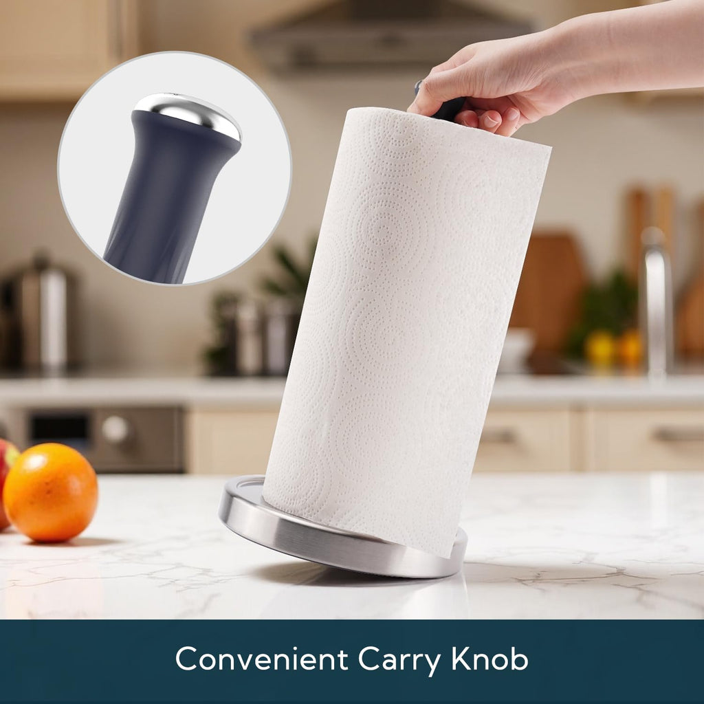 KITCHENDAO One-Handed Countertop Paper Towel Holder, Rotation Freestanding Kitchen Paper Holder Stand, Stainless Steel Paper Roll Holder with Weighted Base High-Adhesion Pad Sticker