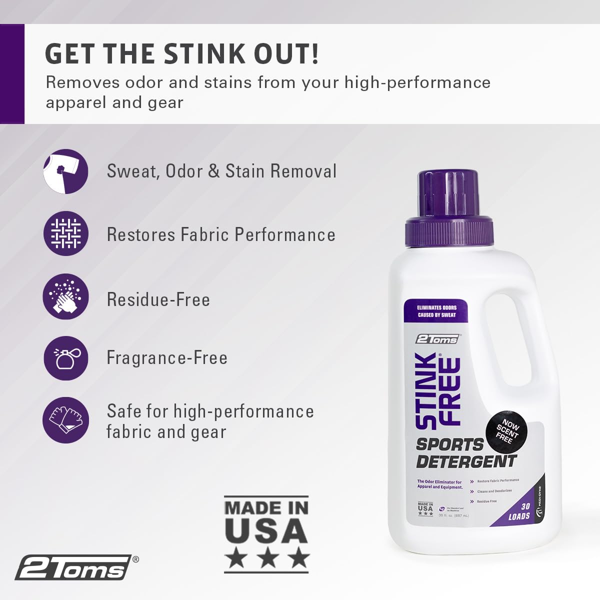 2Toms StinkFree Laundry Detergent, Fragrance Free Odor Eliminator for Athletic Clothes & Gear, Formulated for Sweat, 30 Ounce Bottle