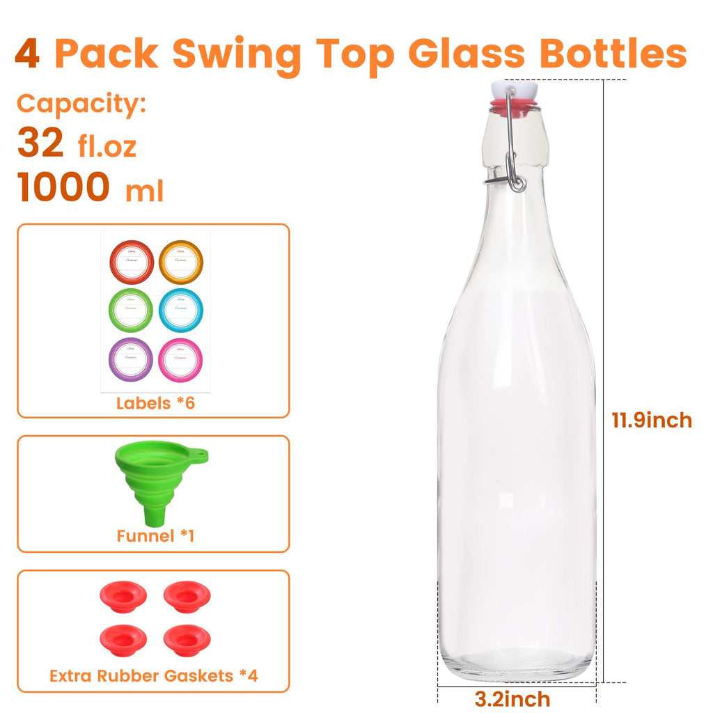 BIGIVACA 4 Pack 32 oz Swing Top Glass Bottles, Flip Top Glass Bottles, Beer Brewing Bottle with Airtight Stopper for Fermentation, Kombucha, Mead, Kefir, Vanilla Extract, Juice