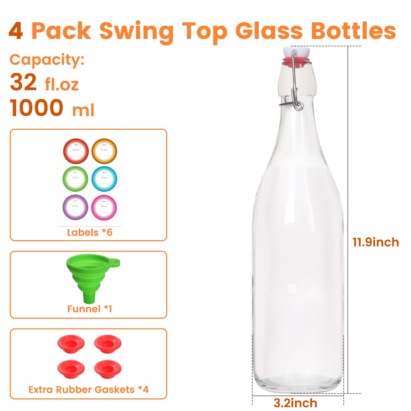 BIGIVACA 4 Pack 32 oz Swing Top Glass Bottles, Flip Top Glass Bottles, Beer Brewing Bottle with Airtight Stopper for Fermentation, Kombucha, Mead, Kefir, Vanilla Extract, Juice