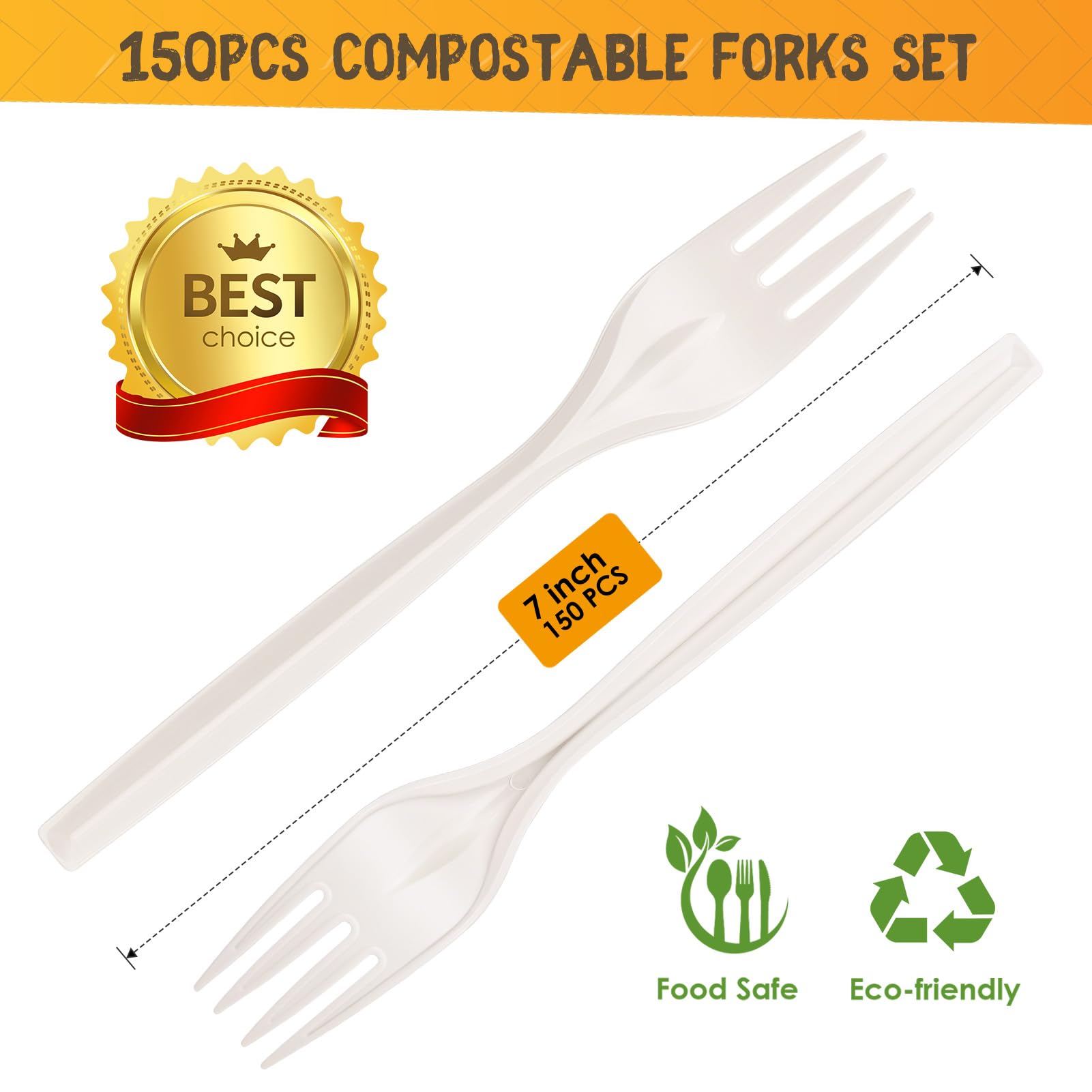 Gezond Compostable Forks 150 Count White Heavy-Duty Forks Disposable Cutlery Set 7 Inch Biodegradable Utensils for Party Supply