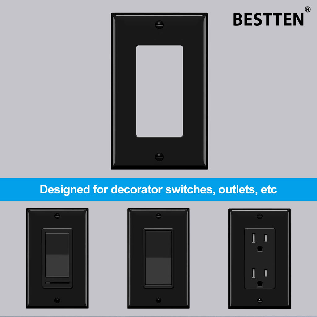 BESTTEN 10 Pack of 1-Gang Decorator Wall Plate, Standard Size Receptacle Outlet Plate, Unbreakable Polycarbonate Decor Switch Cover, Black
