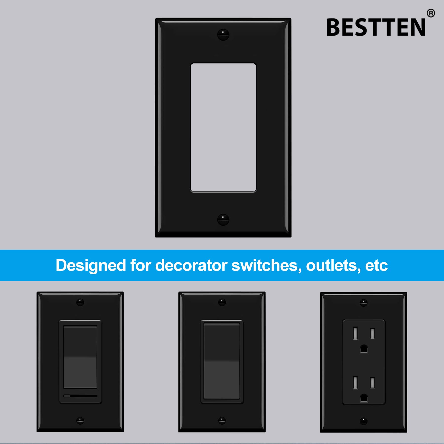 BESTTEN 10 Pack of 1-Gang Decorator Wall Plate, Standard Size Receptacle Outlet Plate, Unbreakable Polycarbonate Decor Switch Cover, Black