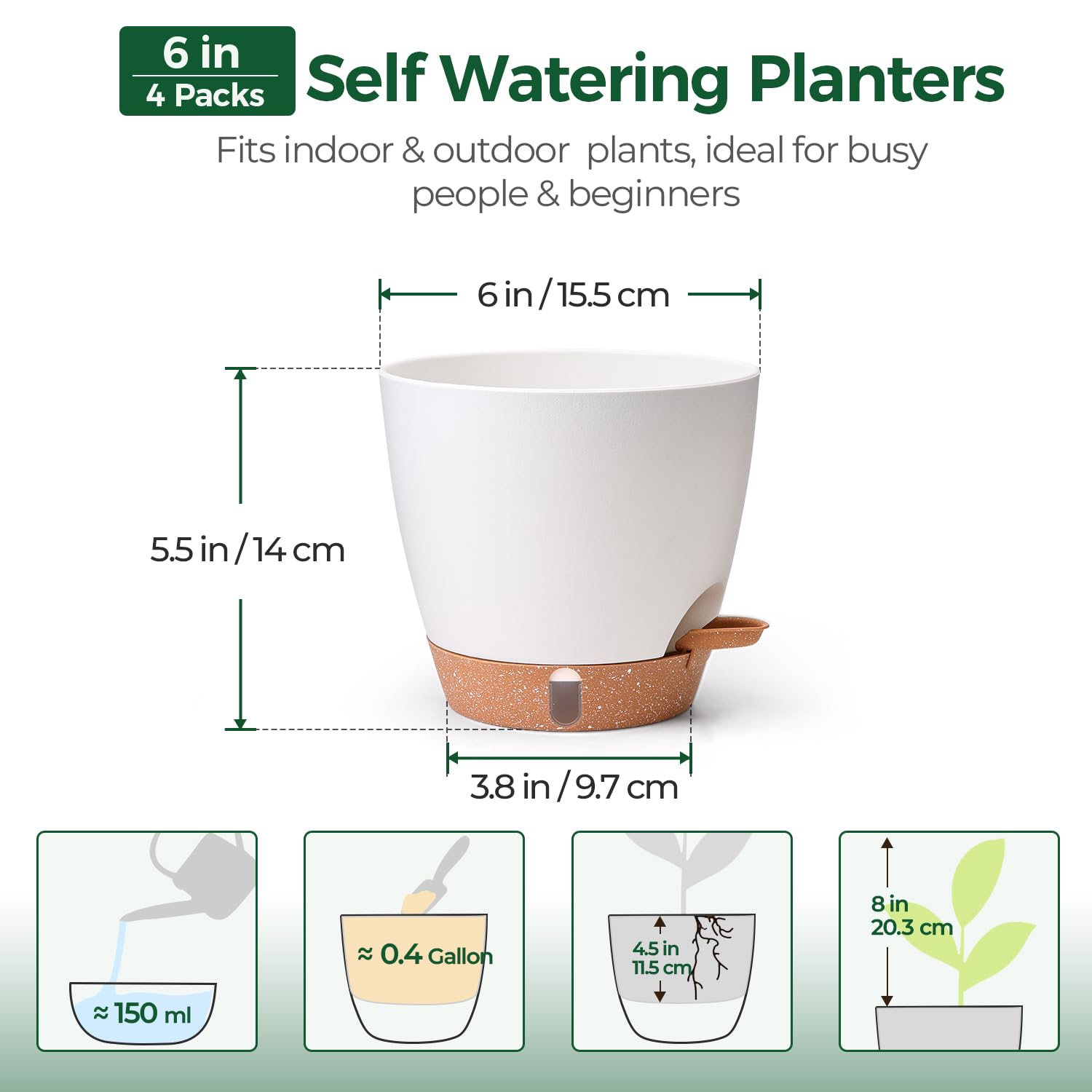 T4U Self Watering Pots 6 Inch 4 Pack, Plastic Planters with Water Level Window and Wick Rope for Busy People, Bottom Watering Pot for African Violets, Herbs and Pothos, Indoor Home Decor(White)