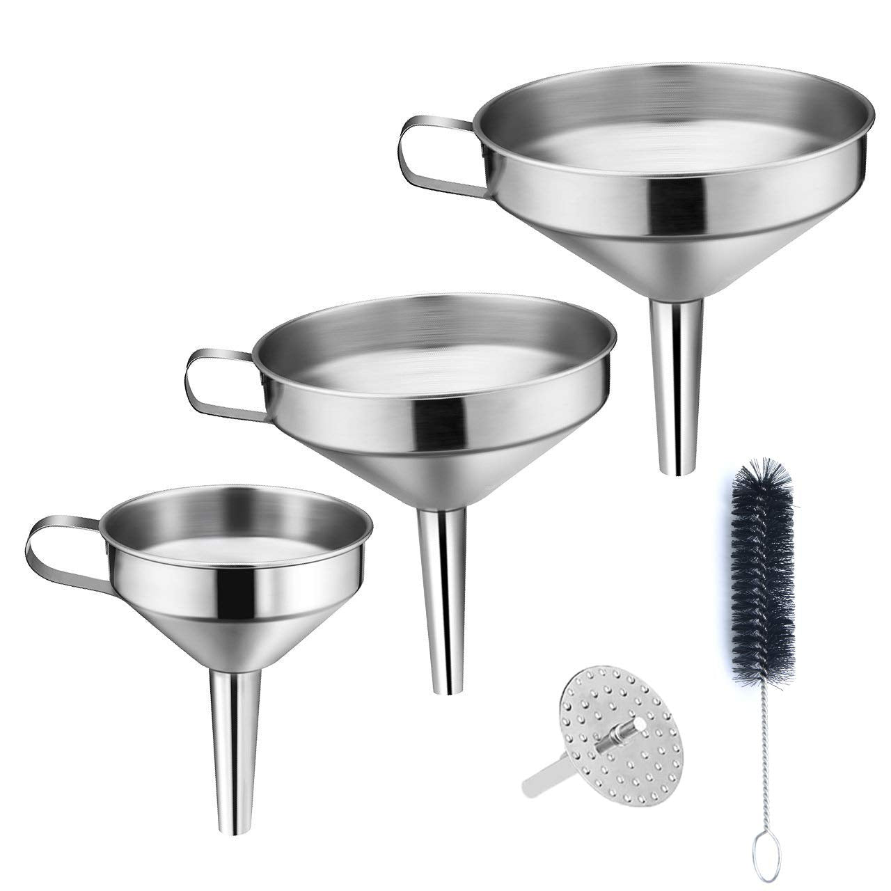Lakatay Kitchen Funnel, 3 Piece Stainless Steel Funnels Set with Handle Design and Removable Strainer, Great for Transferring of Liquid, Fluid, Dry Ingredients & Powder, Funnels for Filling Bottles