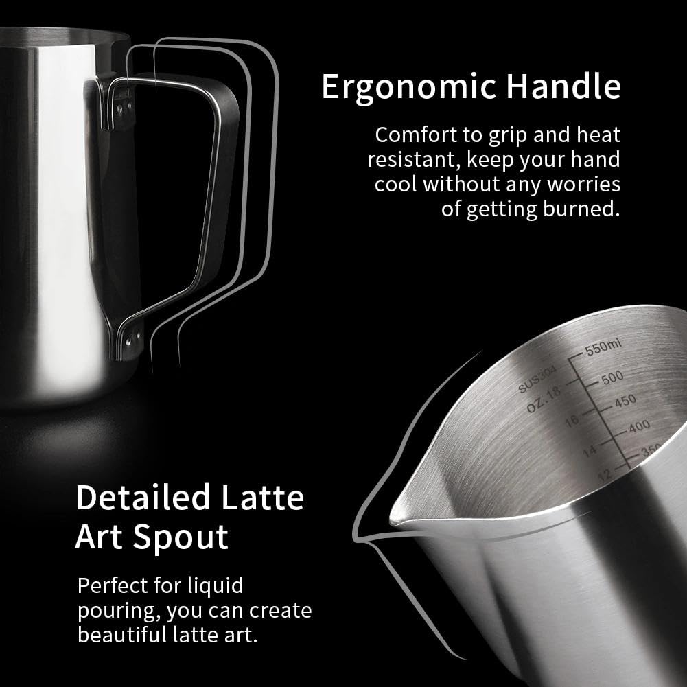 watchget Stainless Steel Milk Frothing Pitcher 20oz/600ml - Espresso Steaming Pitcher for Cappuccino, Latte Art, Coffee Machine Accessories Milk Jug Coffee Frother Cup, Silver