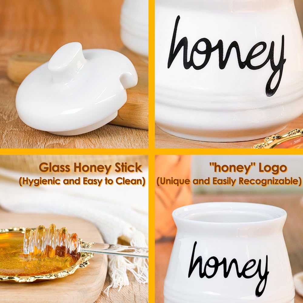 Swetwiny Ceramic Honey Pot with Dipper, 12oz Ceramic Honey Dispenser with Lid and Glass Honey Stick Porcelain Honey Container for Home Kitchen