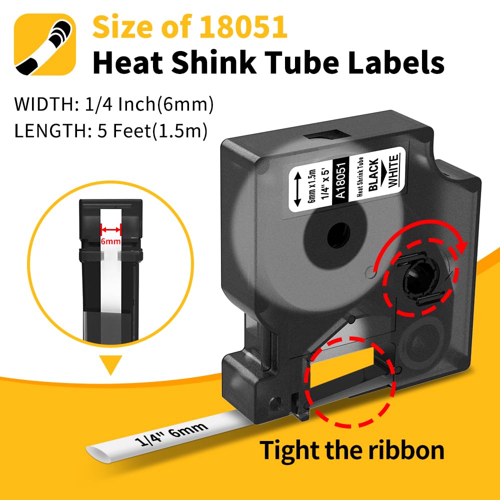 Rhino 18051 Compatible Dymo 4200 Rhino Heat Shrink Tube Labels for DYMO 18051 1/4" 6mm Industrial Label Tapes Work with DYMO 4200 5200 5000 6000 Industrial Label Maker, Black on White, 3-Pack