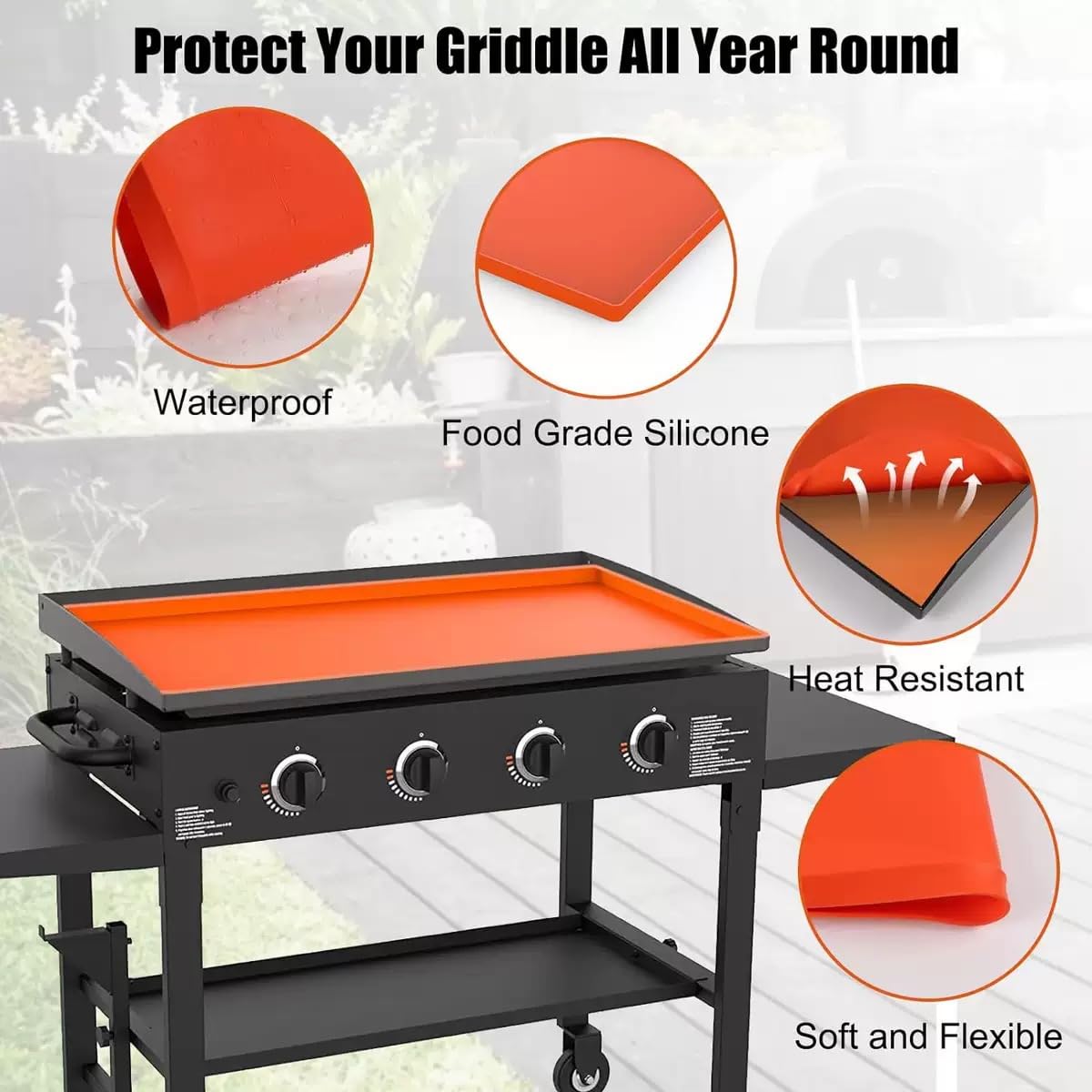 Griddle Cover,Silicone Griddle Mat,28 inch Heavy Duty Food Grade Grill for Blackstone,Keep Surface Clean,High-Wall Design (Orange)