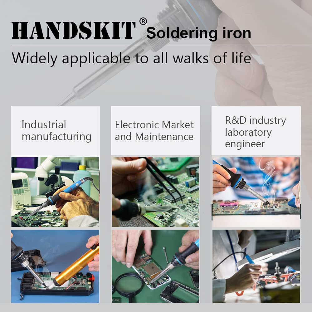 HANDSKIT Soldering Iron Kit, 60W Adjustable Temperature Welding Tool, 5pcs Soldering Iron Tip, Soldering Iron Stand, Desoldering Pump, Tweezers, Solder Wire, Carry Bag