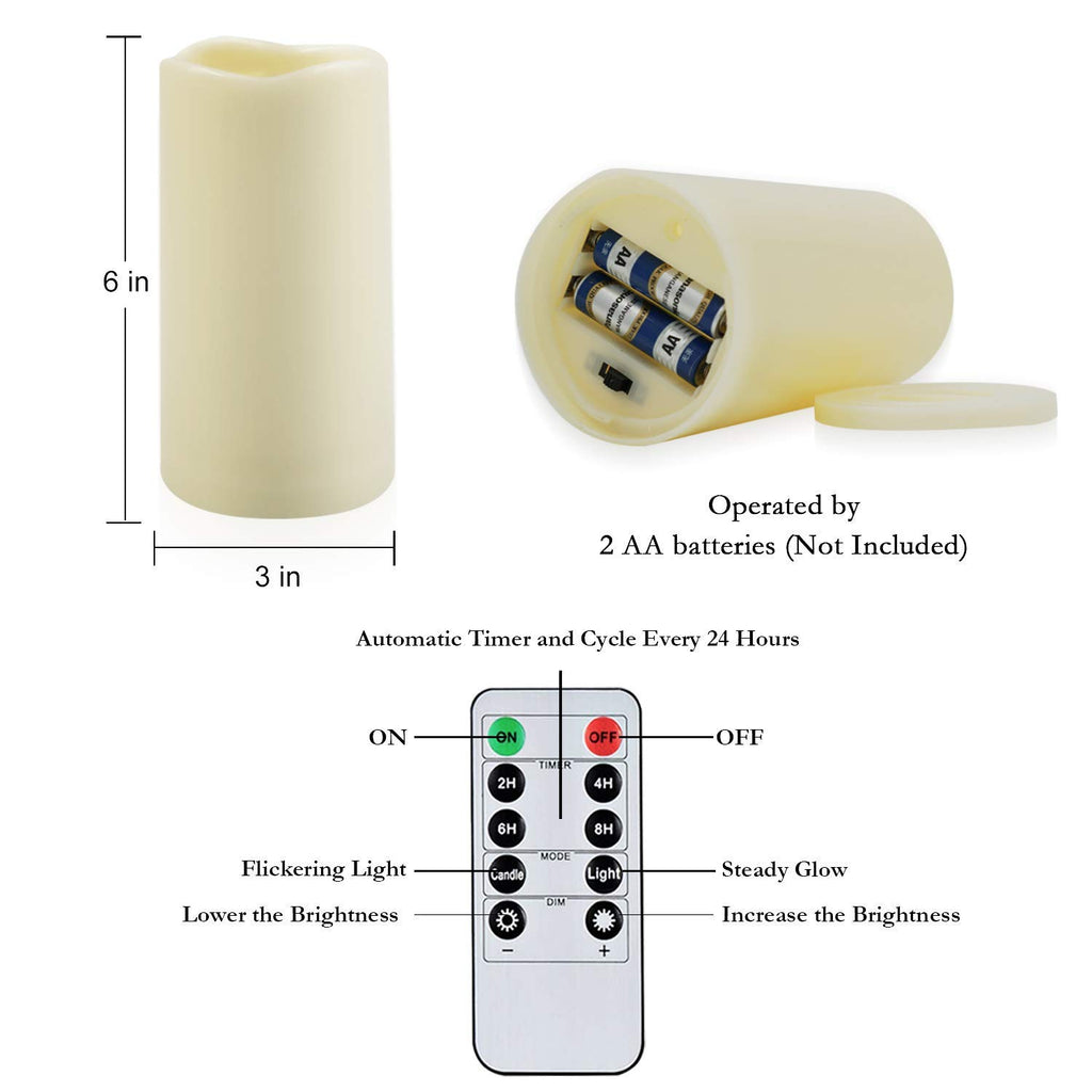 AMAGIC Outdoor Waterproof Flameless Candles Flickering, Fake LED Pillar Candles, Battery Operated Candles with Remote Control and Timer, Ivory, Set of 2, 3" x 6"