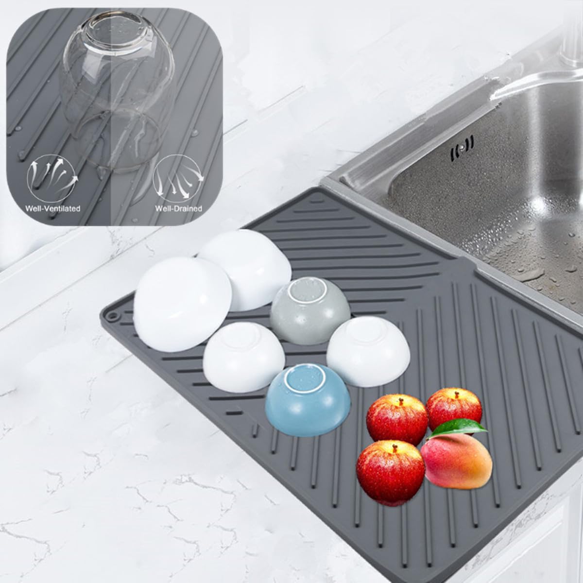 IYYI Dish Drying Mat, Silicone Dish Drying Mat for Kitchen Counter, Extra Thick & Large Draining Mat, Non-Slip Drainboard, Heat Resistant Pot Drainer, Dishwasher Safe (24" x 16", Black)