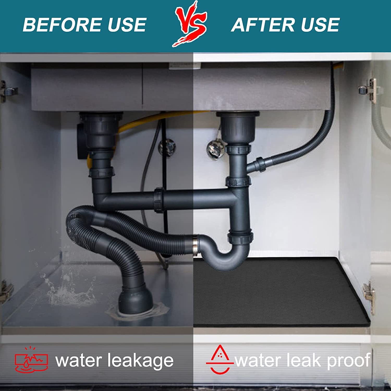 CATECASE Under Sink Kitchen Cabinet Mat, Under Sink Mats for Kitchen Waterproof Cabinet Protector & Drip Tray Liner, 34" x 22", Flexible Waterproof Silicone Made (Black)