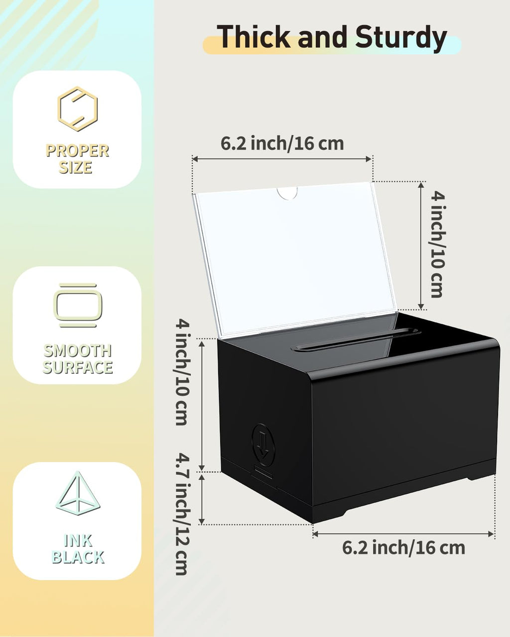 Uniclife Black Acrylic Fundraiser Dispenser Box, 15.7 x 12 x 10.2 cm, Suggestion Box with Slot and Lock, Plastic Polling Boxes with Board Holder, Storage Box for