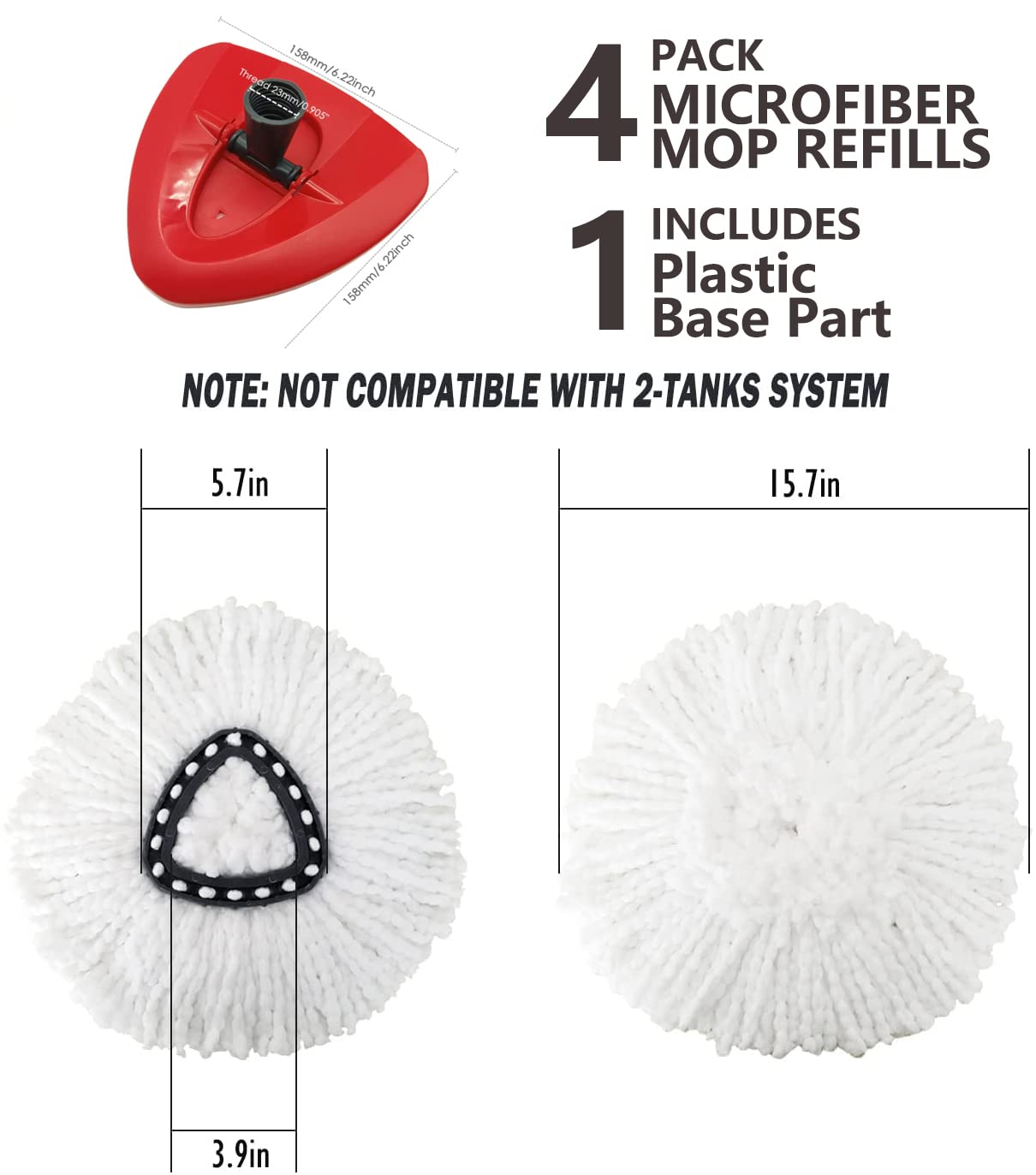 4 Pack Spin Mop Replacement Head with 1 Rotating Mop Base, EasyWring Mop Refills Compatible with Vileda Mop Replace Head, 100% Microfiber Mop Refill, Deep Cleaning Machine Washable and Easy to Replace