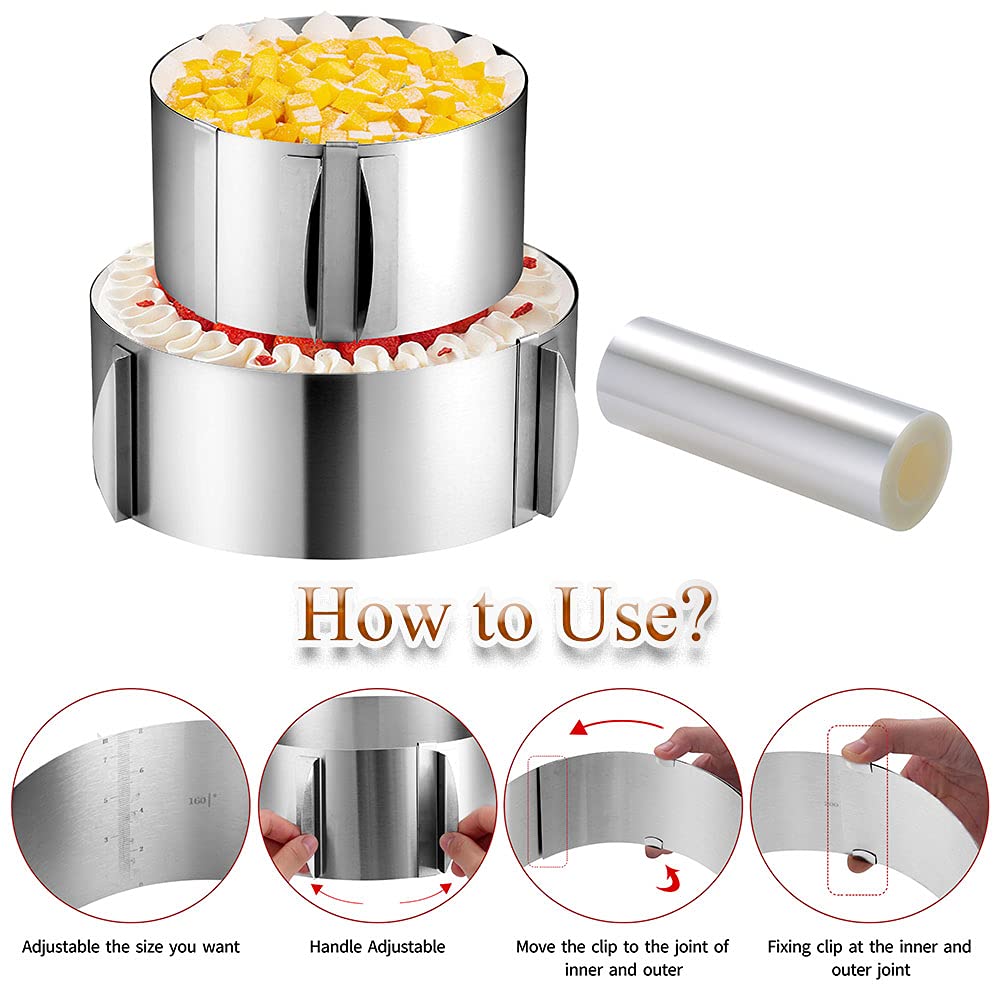 Cake Ring Extra High 15cm Acetate Cake Collar Set - Adjustable 6 to12Inch Stainless Steel Round Cake Mousse Molds Baking Ring with 6.3inchx394inch Clear Acetate Sheets Cake Roll for Pastry, Cake Decor