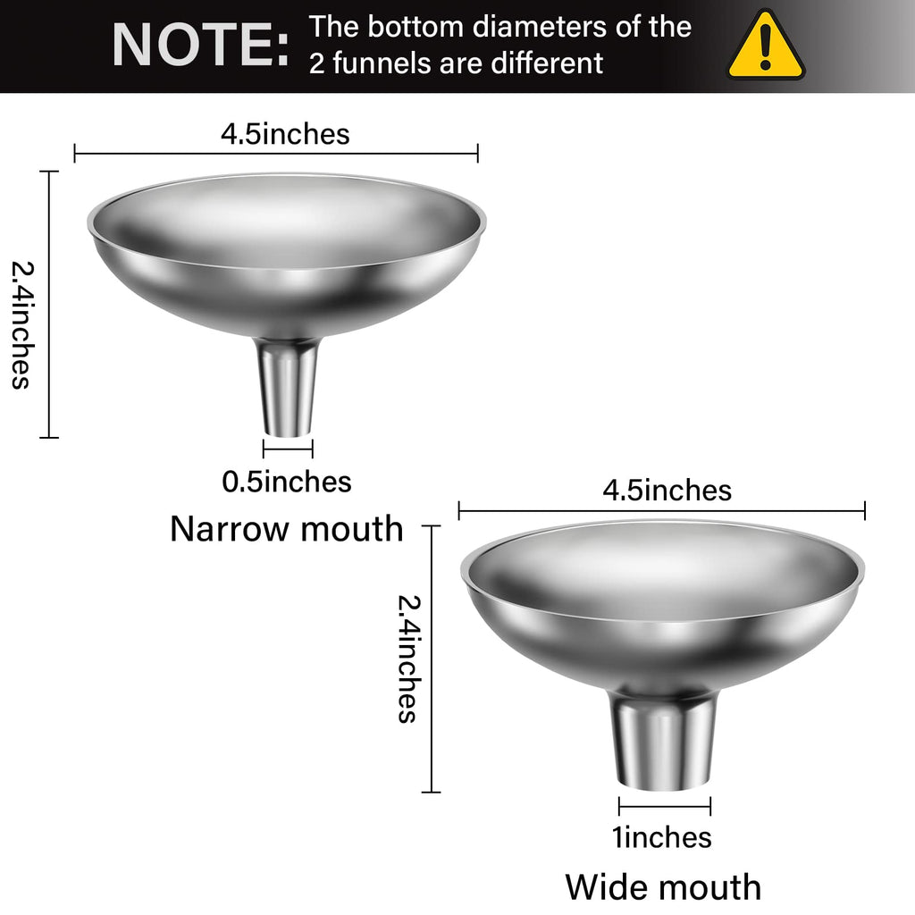 Serinar Stainless Steel Funnel, 2 Large and Small Mouth Filling Kitchen funnels, Liquids, fluids, Spices and Powders, Durable and Washable.