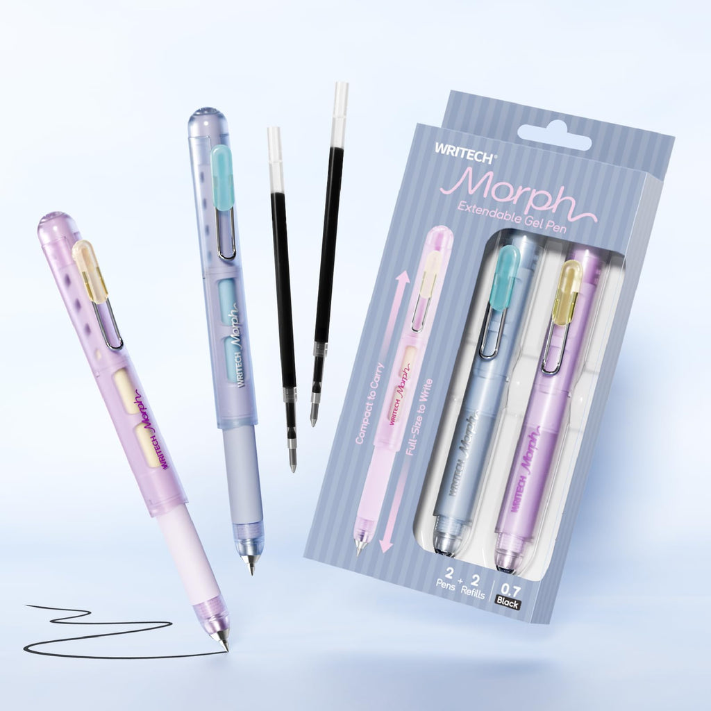 WRITECH Morph Extendable Gel Pen: 0.7mm Medium Point Black Ink Pocket-to-Full-Size Design Translucent Soft Grip Barrel Includes 2 Pens and 2 Refills Dual-Length Pocket Pen 4.6" to 6.1"