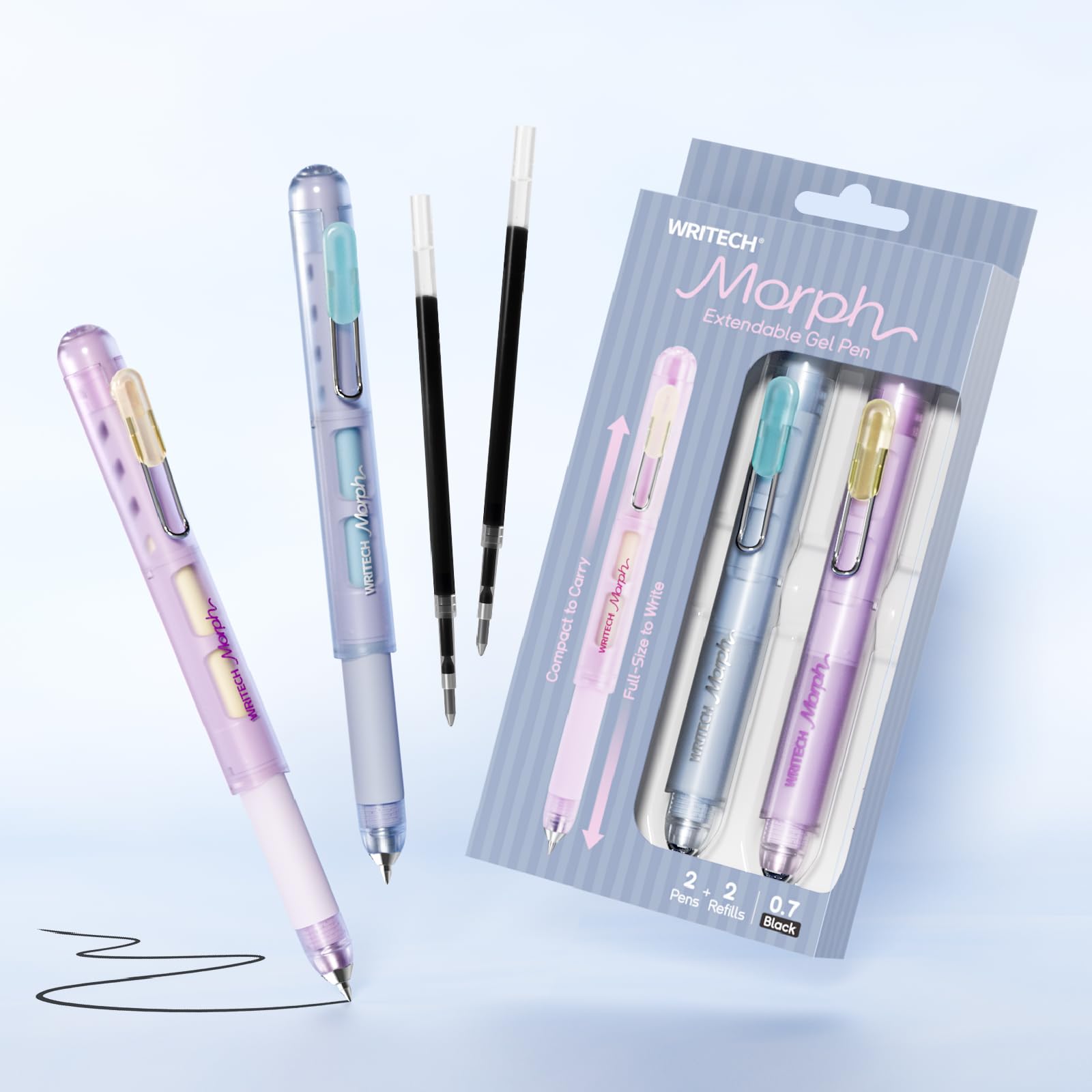 WRITECH Morph Extendable Gel Pen: 0.7mm Medium Point Black Ink Pocket-to-Full-Size Design Translucent Soft Grip Barrel Includes 2 Pens and 2 Refills Dual-Length Pocket Pen 4.6" to 6.1"