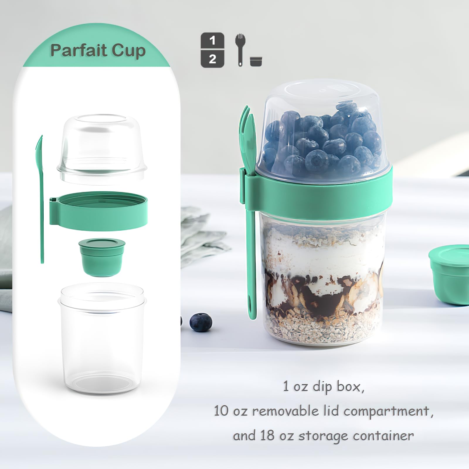 Kingrol 3 Pack 18 oz Overnight Oats Containers to Go, Large Yogurt Parfait Cups with Lid, Spork (Spoon-Fork Hybrid) & Topping Compartment, Reusable Leak-Proof Adult Meal Prep Containers