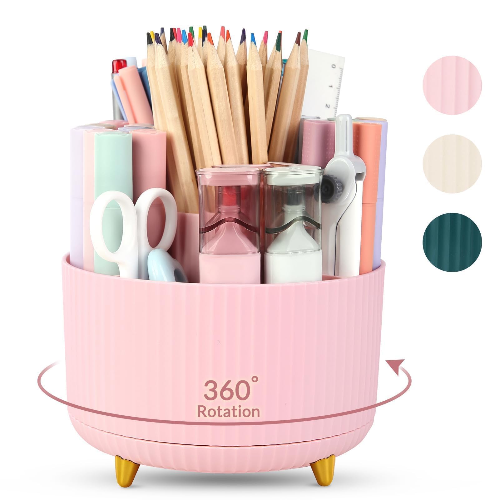 SKYDUE Pink 360 Rotating Plastic Desk Pen Organizer with 5 Slots, Dual-Purpose Art Supply Pencil Cup for Office, School, Home