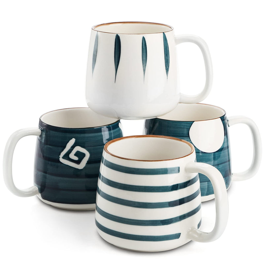 DEAYOU Set of 4 Porcelain Coffee Mugs, 500 ml/17 Oz Ceramic Coffee Cups with Handles, Large Hand-Painted Tea Cups for Cappucino, Milk, Latte, Cocoa, Hot or Cold Drinks, Microwave & Dishwasher Safe