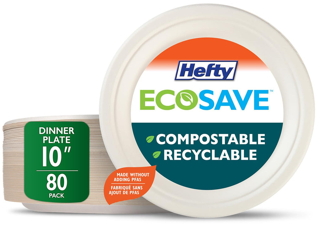 Hefty ECOSAVE Compostable Disposable Paper Plates Dinner 10", 80 Count