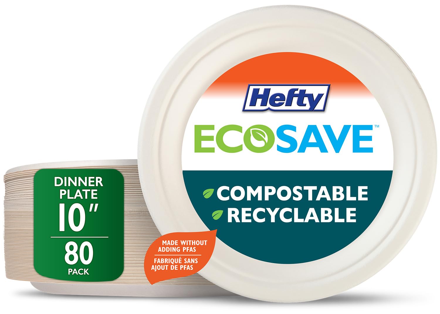Hefty ECOSAVE Compostable Disposable Paper Plates Dinner 10", 80 Count