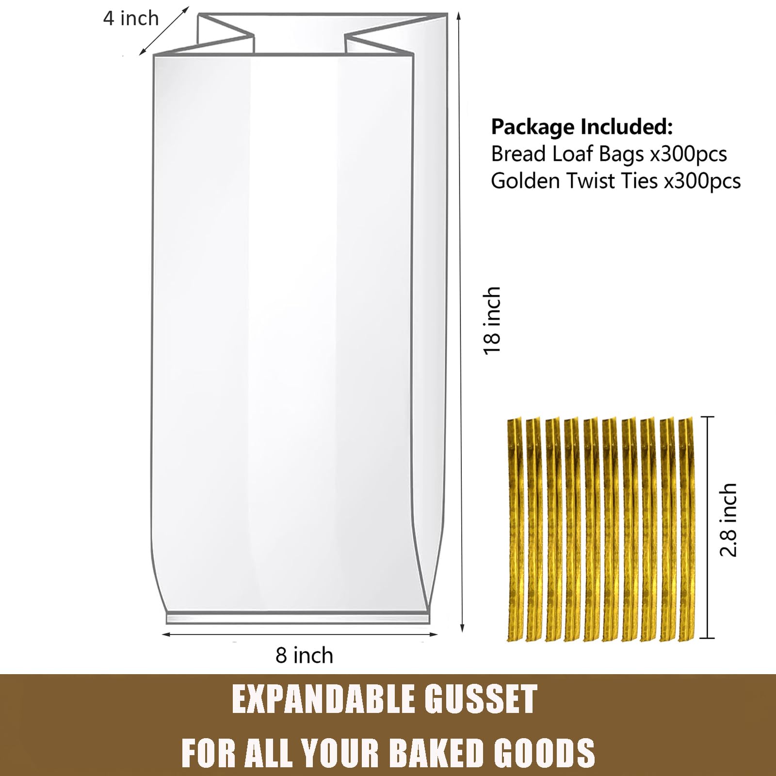 Nicunom 300 Pack Bread Bags with Ties, 18x4x8 Inches Reusable Plastic Bread Bags Clear Bread Loaf Storage Bags for Homemade Bread Bakery, Bread Wrappers Packaging