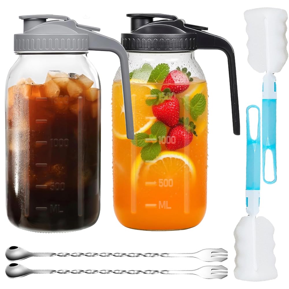 2 Pack 64oz 2 Quart Glass Mason Jar Pitcher Wide Mouth Jug with Lid and Pour Spout Airtight Seal Leak Proof for Iced Tea Milk Juice Cold Beverages Coffe (Black+Gray, 10.2X 4.3inch)