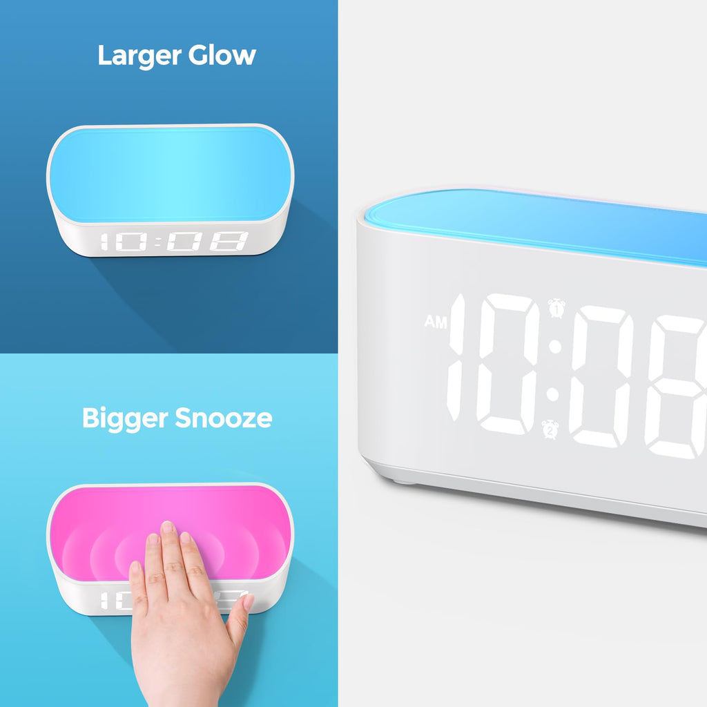 ONLAKE Alarm Clock for Bedrooms, Large Display Digital Clocks with 2 Alarms, 7 Color Larger Night Light, Dimmer, Adjustable Volume, Easy Snooze (White)