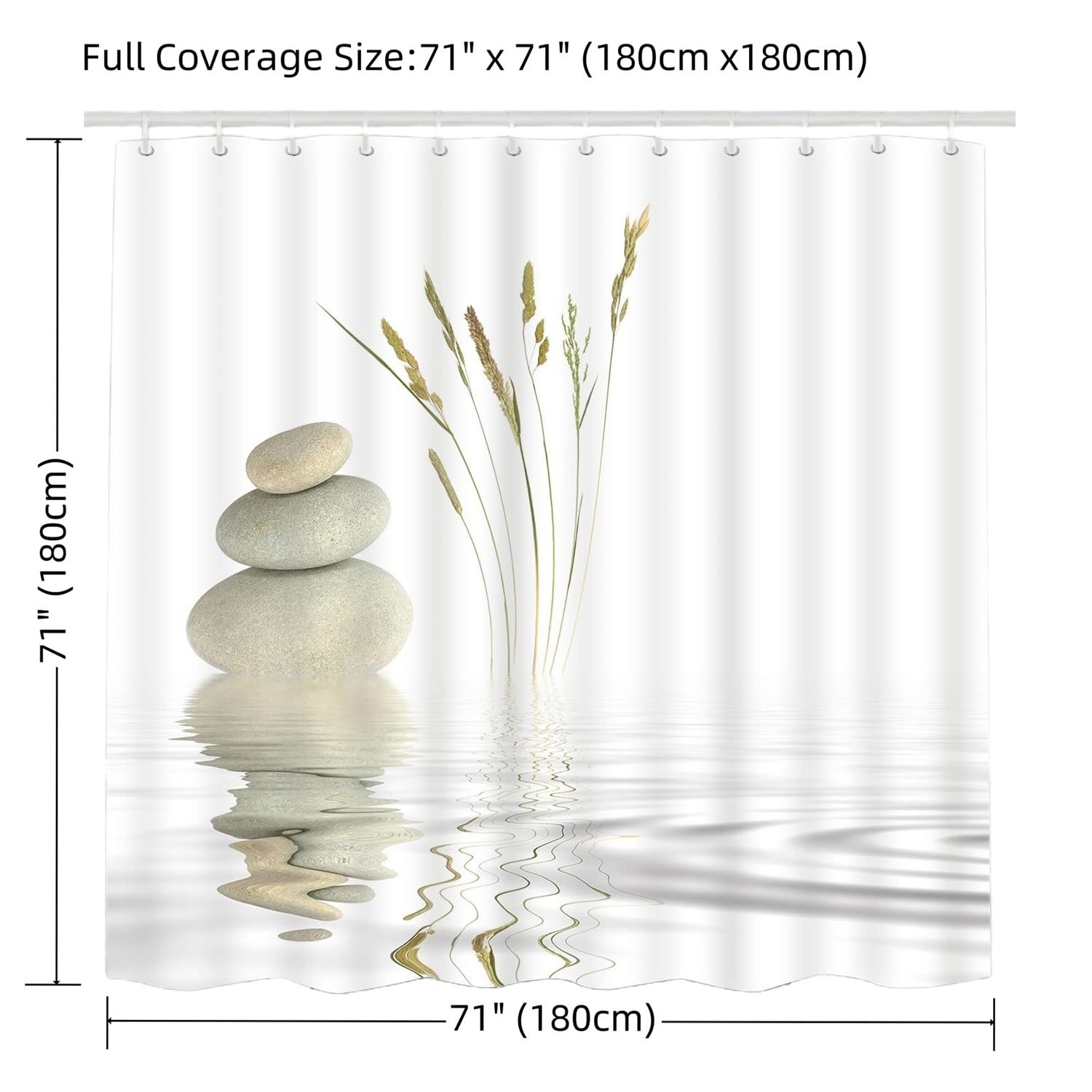 Zen Fabric Decorative Shower Curtain for Bathroom -120GSM Durable Waterproof Fabric with 12x Reinforced Grommets & Hooks, No Liner Needed 71”x71”