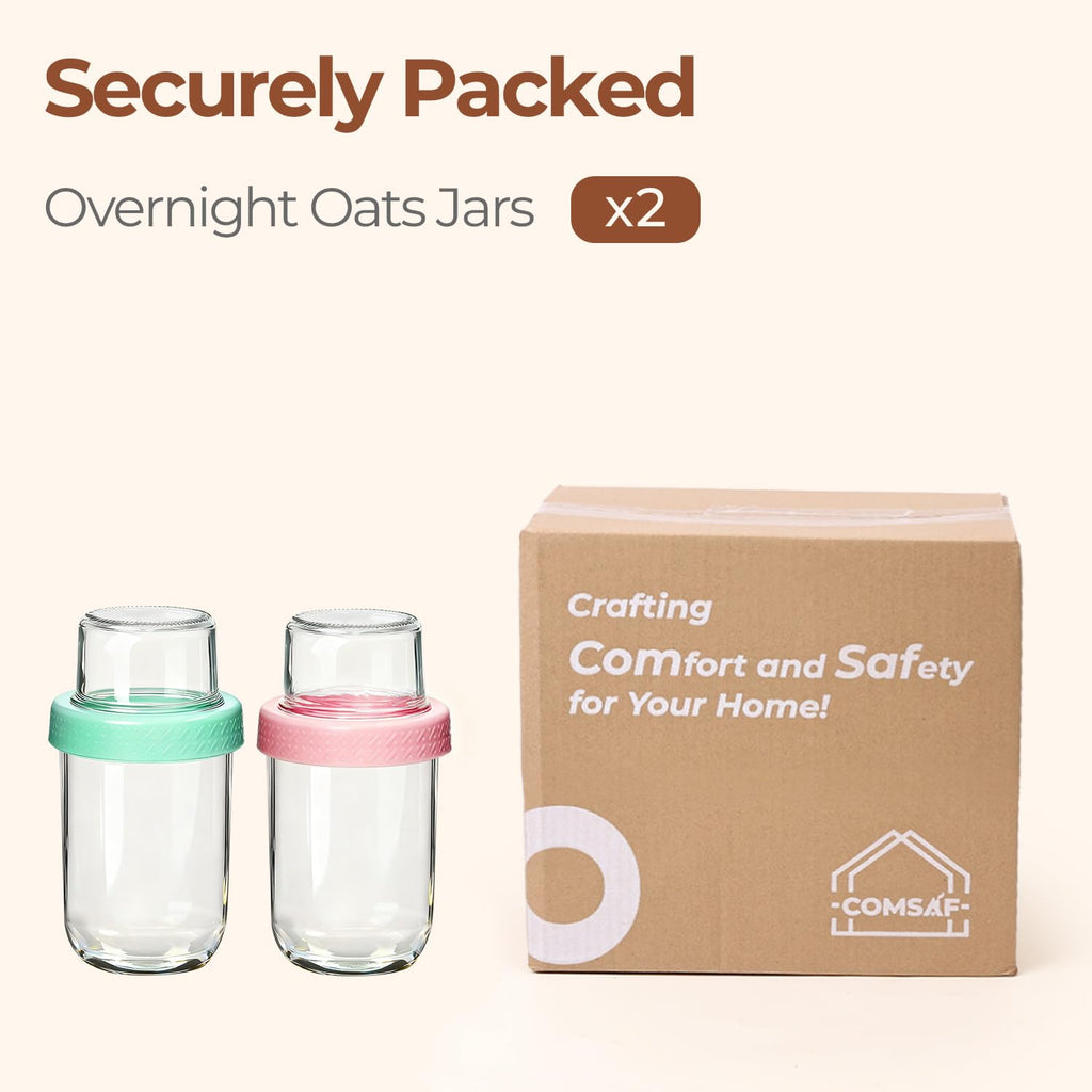 ComSaf Overnight Oats jars with Lids （16oz+4oz 2Pcs）, Dual-Laryer Chia Pudding Jars with Dry and Wet Separation, Yogurt Parfait Contianer for Oatmeal Cereal Nut Fruit, Meal Prep Glass Jars for Salad