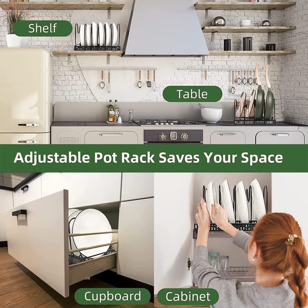 Expandable Pans and Pots Organizer Rack Pot Pan Lid Black Holder for Kitchen Cupboard Cabinet Storage Bakeware Saucepan with 10 Adjustable Dividers (black)