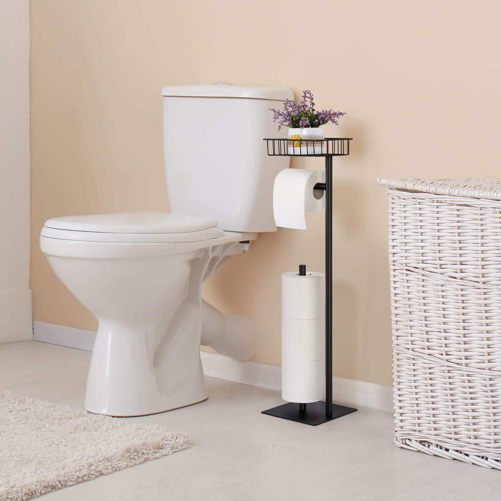 Toilet Paper Holder Stand Free Standing Toilet Paper Roll Holder with Storage Basket Industrial Tissue Holder Dispenser for Bathroom,Matte Black