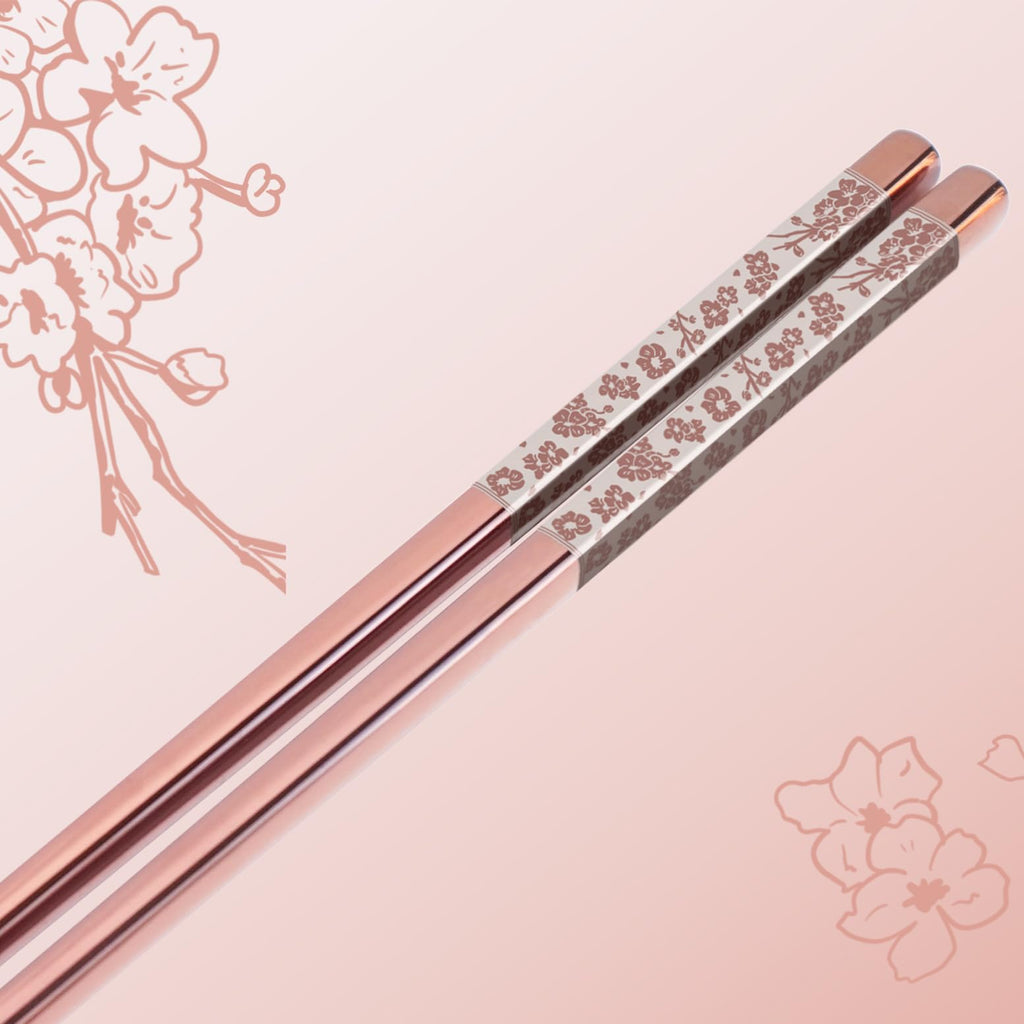 Chopsticks Reusable 18/8 Stainless Steel Chopsticks Pink Sakura Laser Engraved Metal Chop Sticks Non-Slip Dishwasher Safe Japanese Korean Chopstick for Cooking Eating 5 Pairs Premium Gift Set