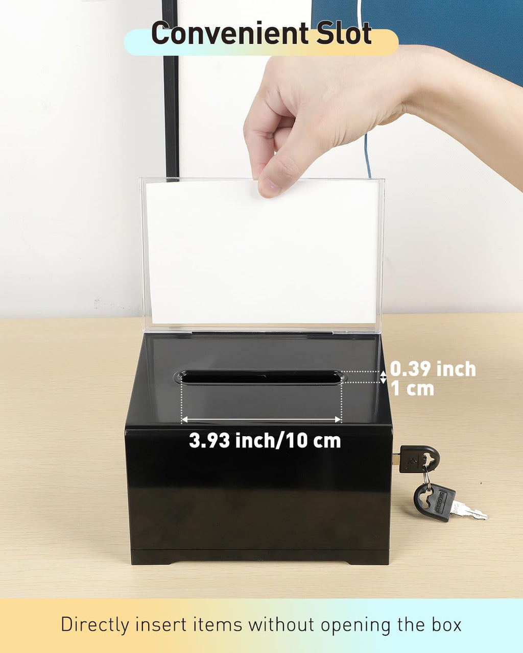 Uniclife Black Acrylic Fundraiser Dispenser Box, 15.7 x 12 x 10.2 cm, Suggestion Box with Slot and Lock, Plastic Polling Boxes with Board Holder, Storage Box for