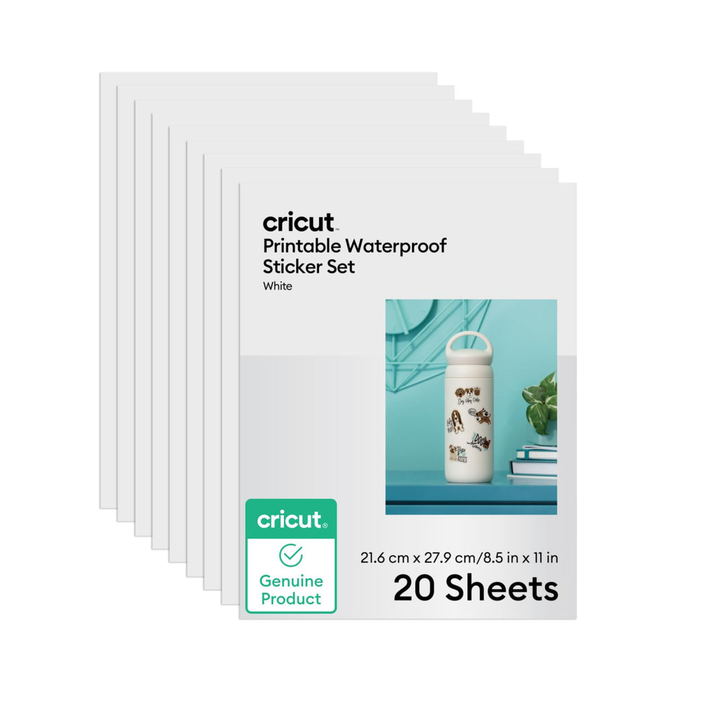 Cricut Printable Waterproof Sticker Set, 20 White Sheets (8.5" x 11") - Compatible with Inkjet Printers - For Joy Xtra, Explore, & Maker Machines