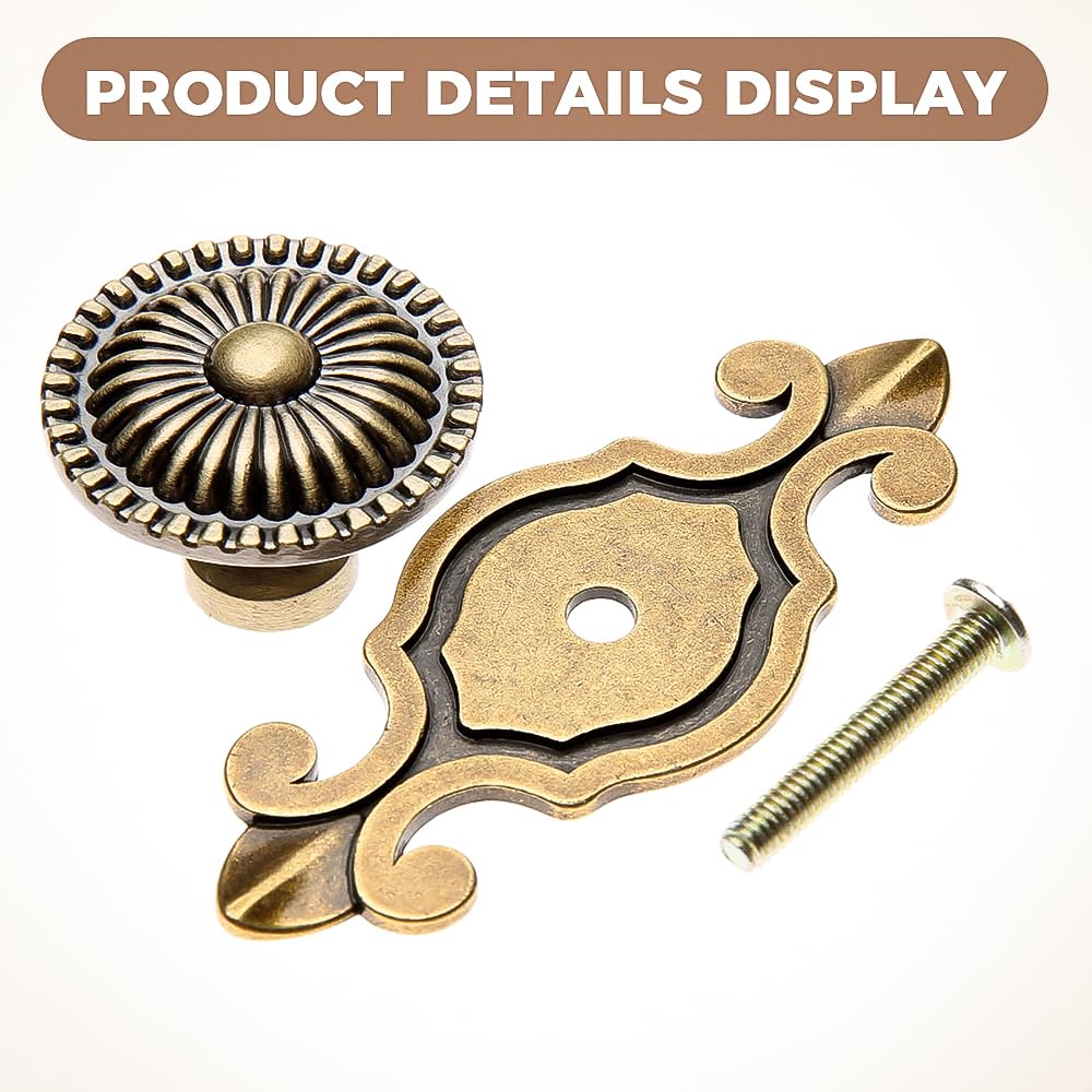 Kitchen Cabinet Knobs Pulls with Backplate, 2 in 1 Retro Round Metal Knob Pull Handle for Antique Dresser Drawer Cabinet Cupboard Wardrobe Door Room Hardware Decoration,5-Pack, Bronze