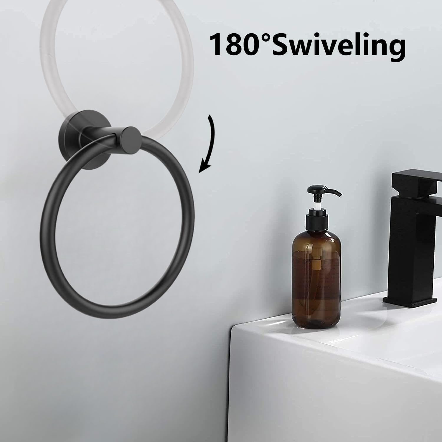 AMMIY Toilet Paper Holder Hand Towel Ring, Stainless Steel Tissue Paper Roll Holder Dispenser Wall Mount Bathroom Hardware Accessories 2 Pieces Set, Matte Black