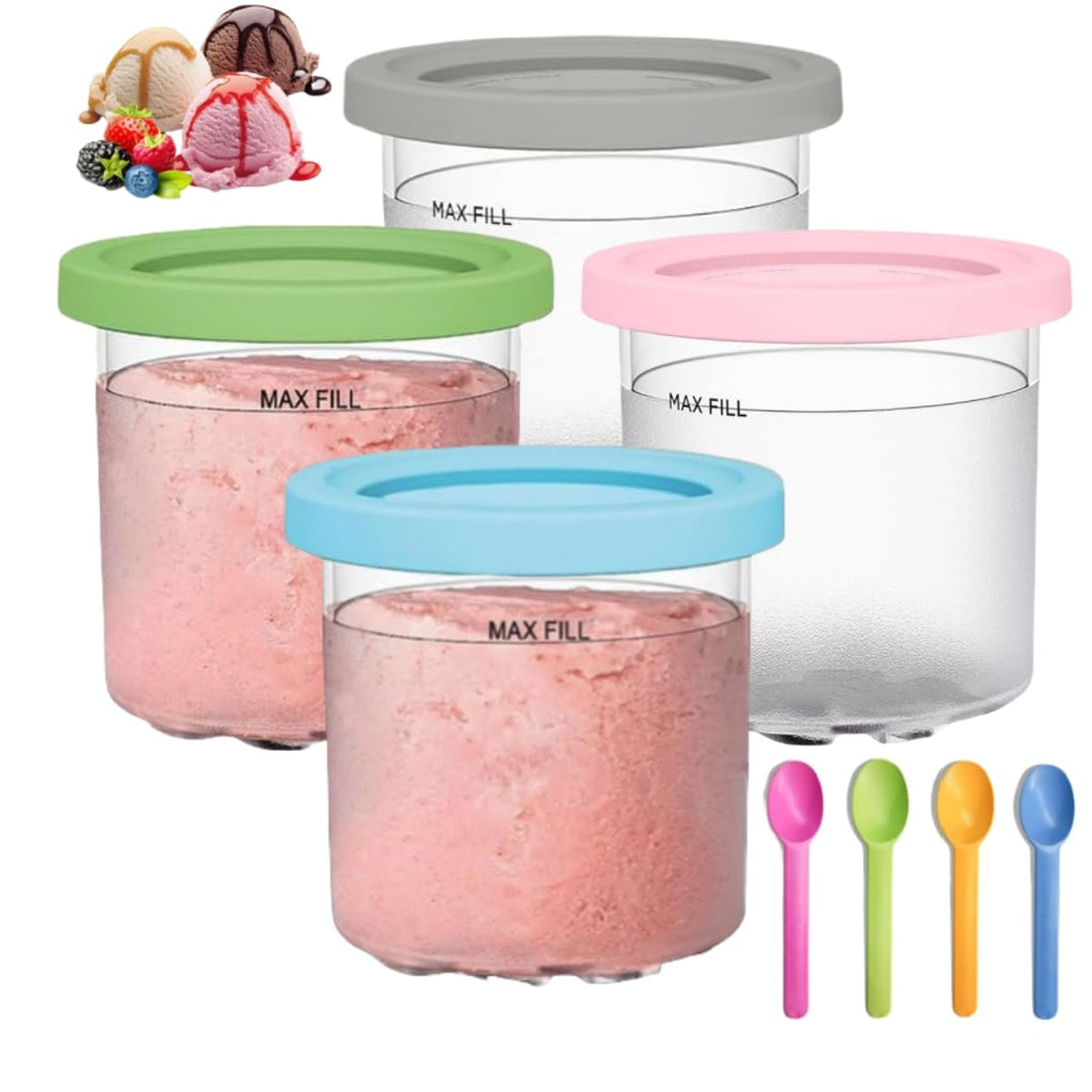 4-Pack Ninja Creami Containers for NC300/NC301/NC299AMZ, BPA-Free Replacement Pints with Color Lids & Recipe Scoop, Dishwasher-Safe & Leak-Proof Ice Cream Maker Accessories for Ninja Creami