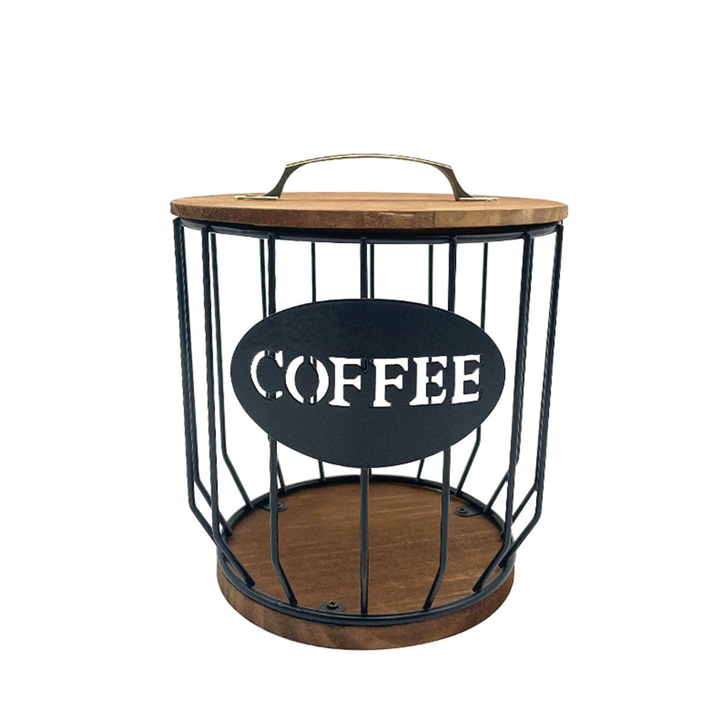MYTOAU Coffee Pod Holder with Lid, Large Capacity K Cup Holder, Rustic Wooden Base, Black Wire Storage Basket for Kitchen Countertop, Coffee Bar Organizer