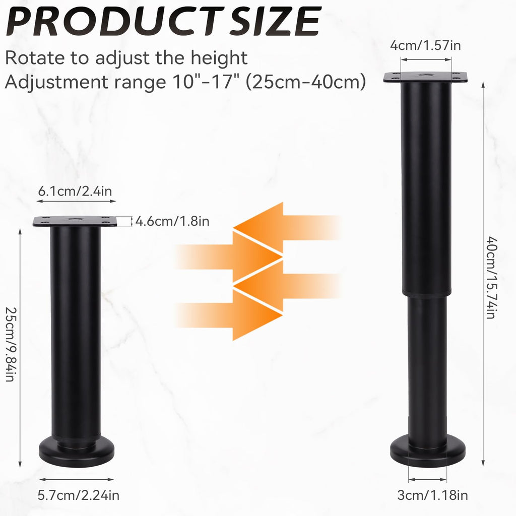 BeiLan Metal Adjustable Furniture Legs,4Pcs 10"-17" Adjustable Height Heavy Duty Bed Center Frame Support Leg for Kitchen Cabinet/Dresser/TV Stand/Sofa/Chair/Bed/Coffee Table