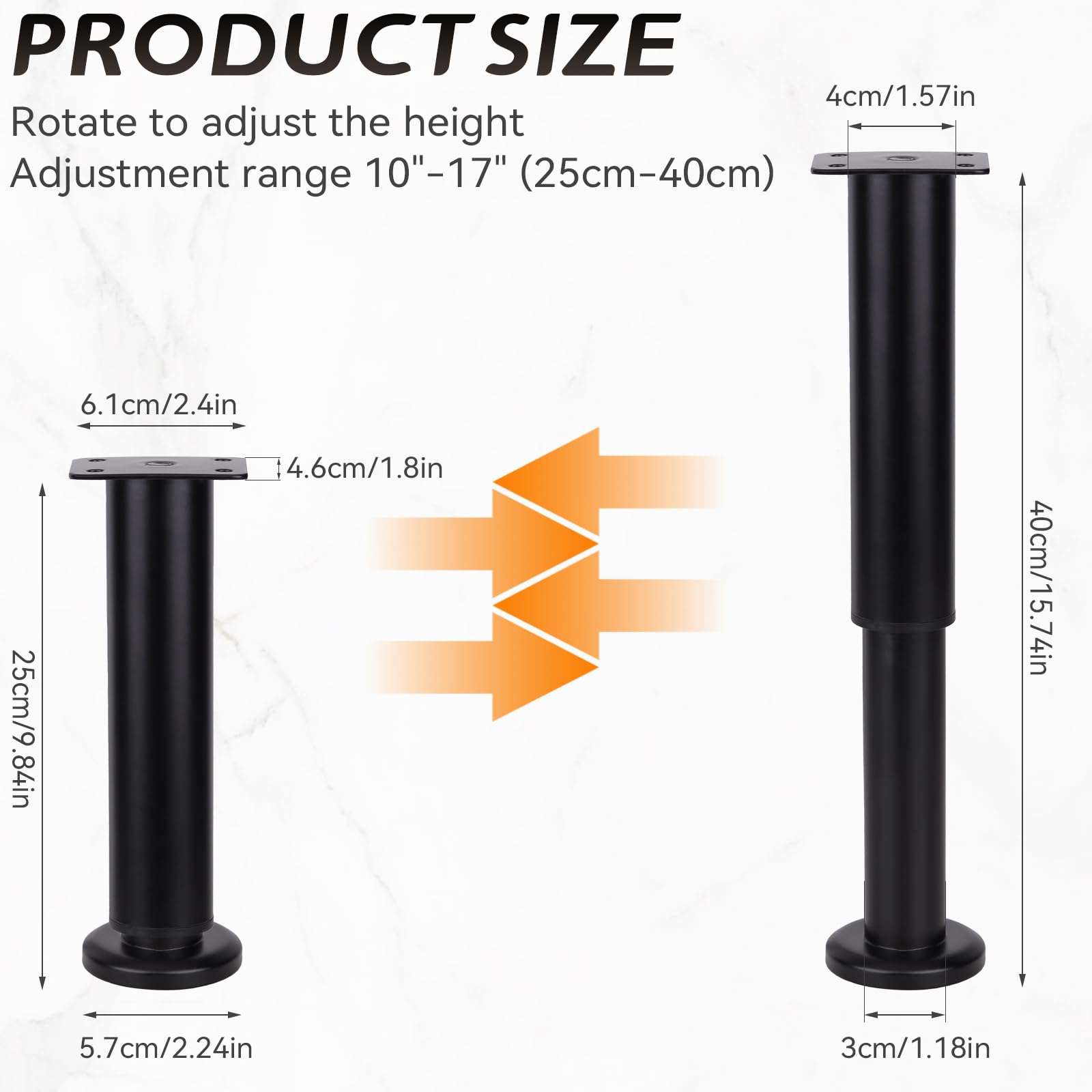 BeiLan Metal Adjustable Furniture Legs,4Pcs 10"-17" Adjustable Height Heavy Duty Bed Center Frame Support Leg for Kitchen Cabinet/Dresser/TV Stand/Sofa/Chair/Bed/Coffee Table