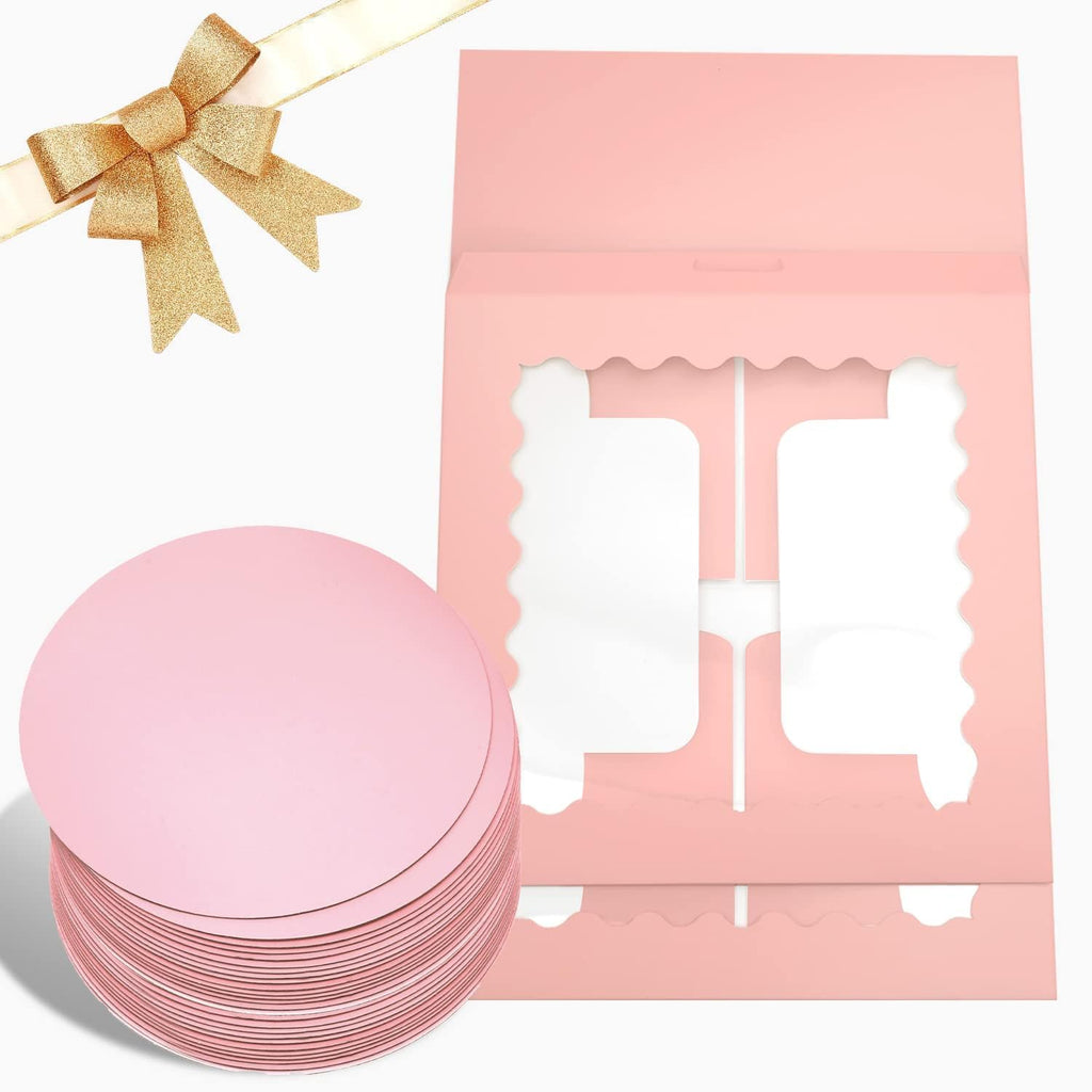 qiqee 8x8x5 Cake Box, 18 Sets Pink Cake Box with Window ＆ 18 Sets 8" Pink Cake Round Boards, 8inch Cake Containers
