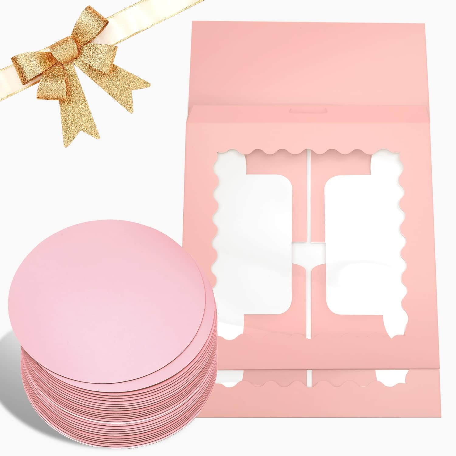 qiqee 8x8x5 Cake Box, 18 Sets Pink Cake Box with Window ＆ 18 Sets 8" Pink Cake Round Boards, 8inch Cake Containers