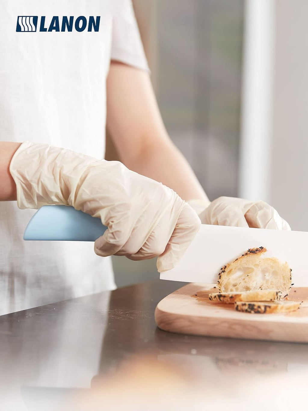 LANON 5-mil Natural Disposable Latex Gloves, Food-Contact Grade, Powder-Free, Fully Textured, for Cooking,Cleaning, Industries, White,Medium